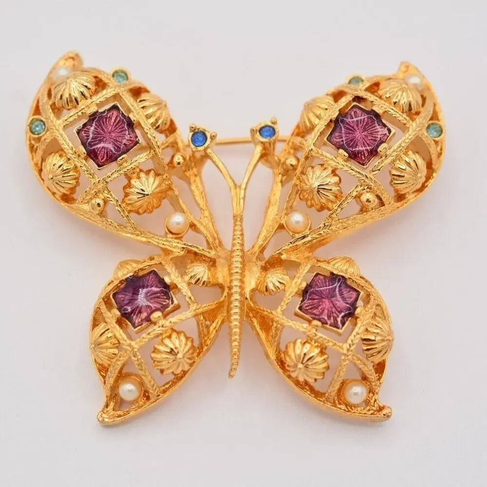 Avon Vintage Butterfly Pin Brooch Gold Large Big Enamel Chunky Signed 1990s 9B